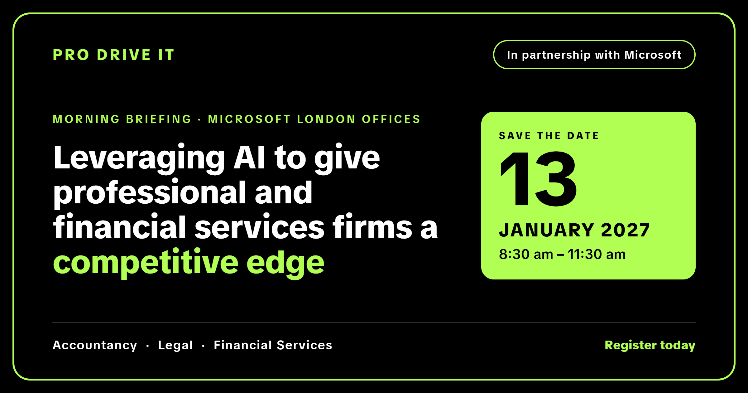 Featured image for Leveraging AI to give professional and financial services firms a competitive edge | January 13 2027 @ 8:30 am – 11:30 am